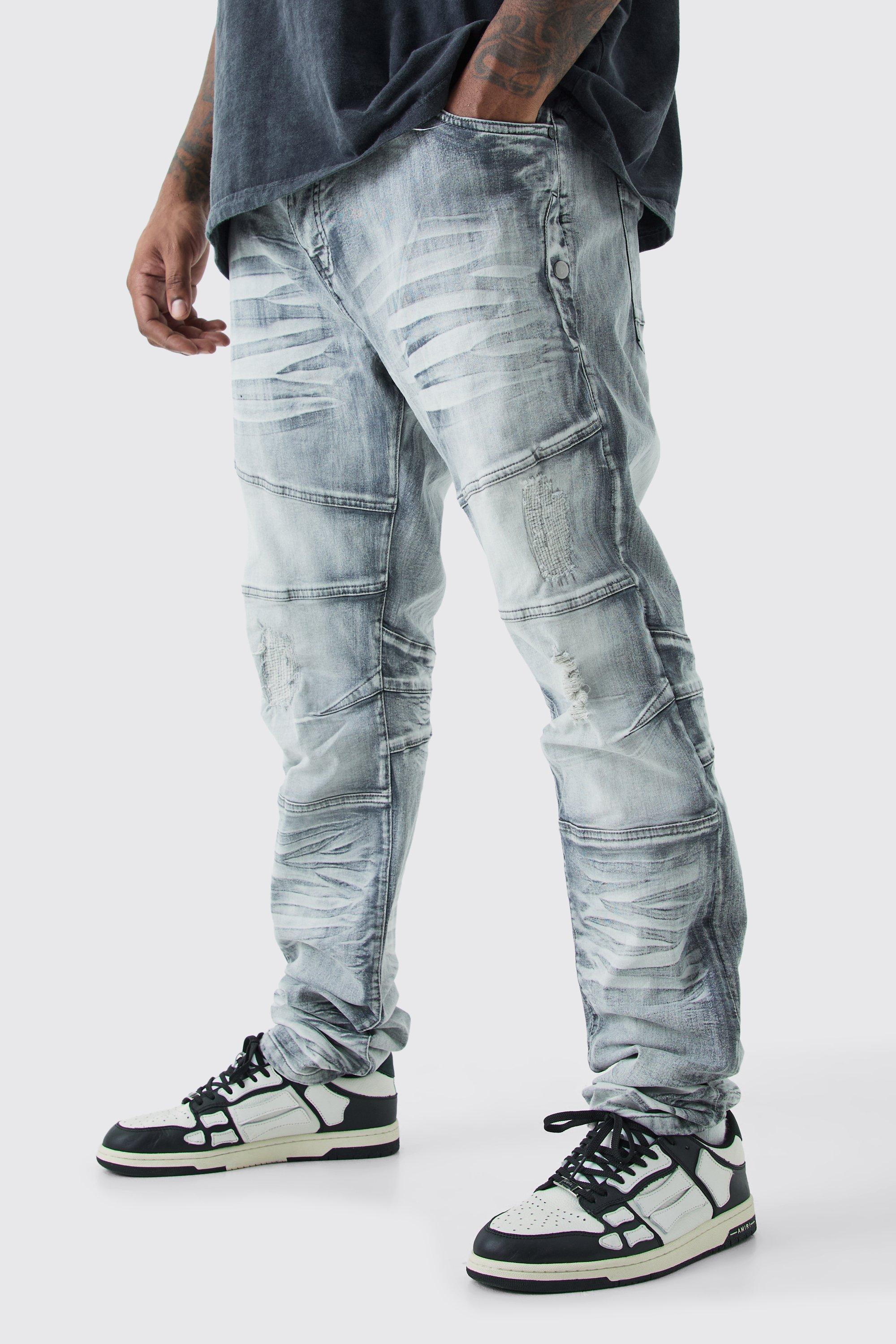 Mens Grey Plus Skinny Stretch Heavy Bleached Ripped Jean, Grey